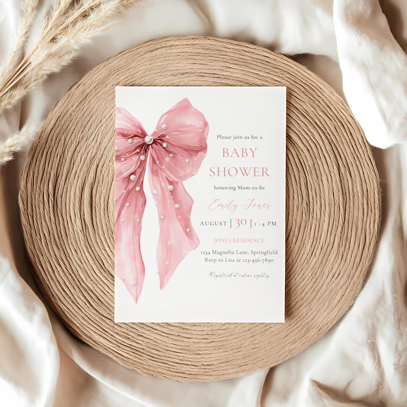 Pink Bow Baby Shower Invitation - Bows and Pearls Baby Shower Invitation- Coquette Bow Baby Shower Invitation - Girl Baby Shower - Pink Bow Baby Shower Invite- Elegant Vintage Baby Shower - Big Bow Baby Shower Theme -Sweet Little Baby Girl Shower BS164