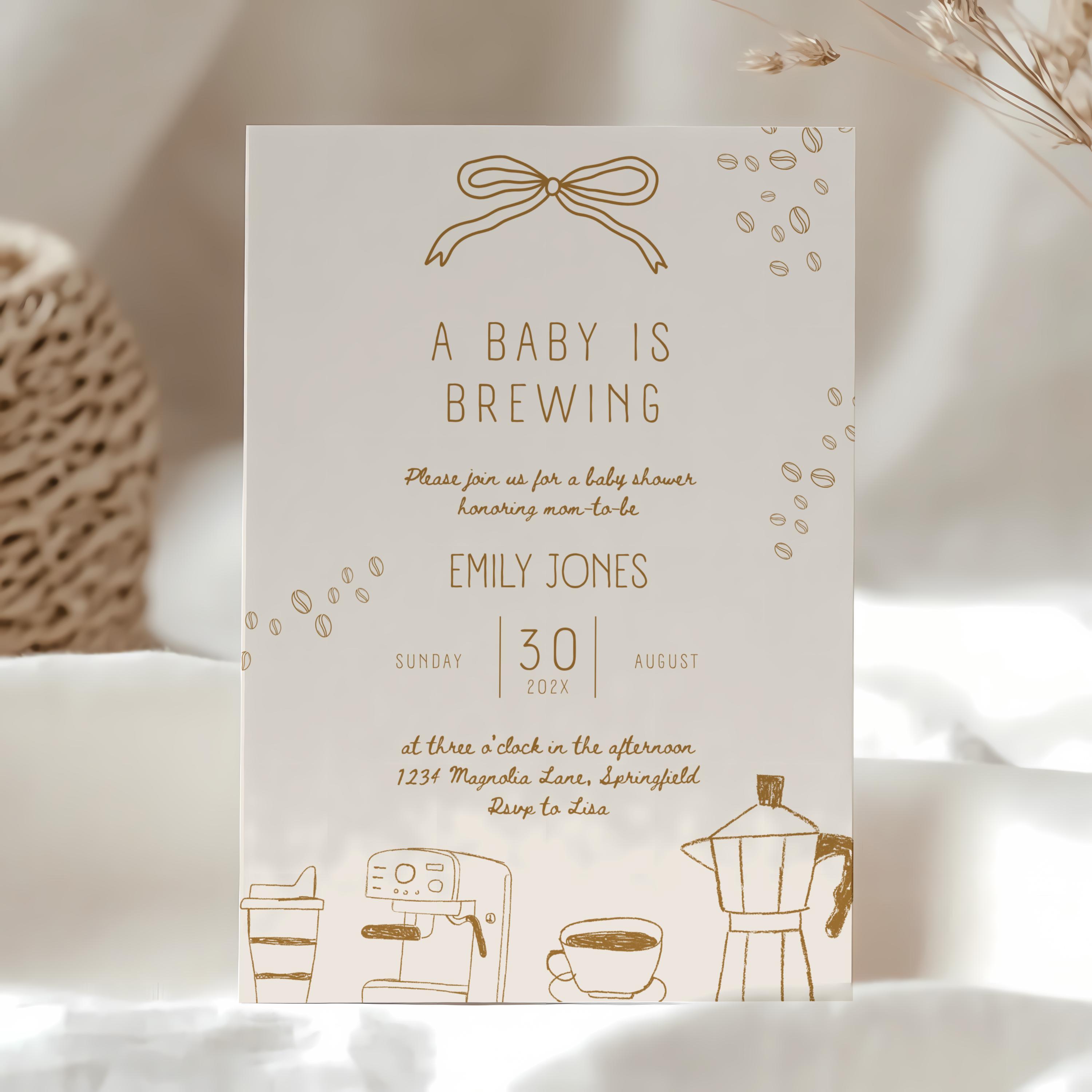 A Baby Is Brewing Baby Shower Invitation - Coffee Bean Themed Baby Shower Invite - Editable Neutral Beige Printable - Modern Template BS182