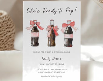 She’s Ready to Pop Baby Shower Invitation - Soda Bottle Theme - Red Coquette Bow Invite - Neutral Editable Summer Baby Shower Template BS153