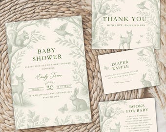 Woodland Baby Shower Invitation Bundle - Green Toile Baby Shower Invite Set Boy Girl - Editable Forest Animal Squirrel Deer Bunny Bird BS255