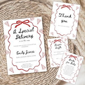 Special Delivery Baby Shower Invitation Bundle, Italian Pizza Baby Shower Invite Set, Editable Pizza and Pacifiers Slice Slice Baby BS137