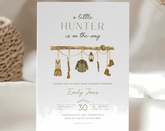 Editable A Little Hunter Is On The Way Baby Shower Invitation - Mallard Duck Hunting Baby Shower Invite - Boho Outdoor Woodland Shower BS243
