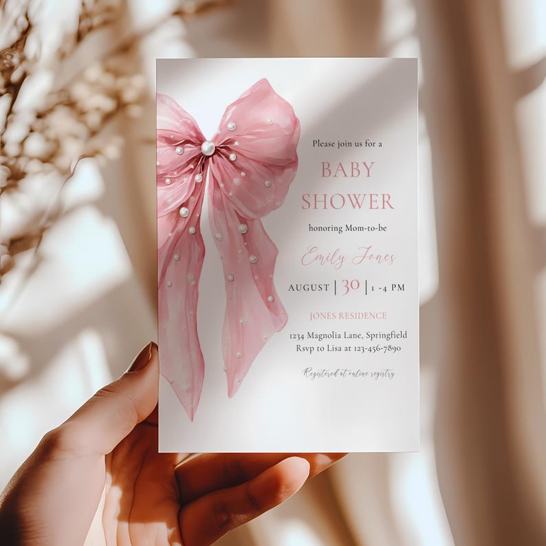 Pink Bow Baby Shower Invitation - Bows and Pearls Baby Shower Invitation- Coquette Bow Baby Shower Invitation - Girl Baby Shower - Pink Bow Baby Shower Invite- Elegant Vintage Baby Shower - Big Bow Baby Shower Theme -Sweet Little Baby Girl Shower BS164