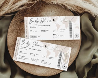 Adventure Awaits Baby Shower Invitation - Boarding Pass Baby Shower Invite - Travel Theme Boarding Pass Ticket - Gender Neutral Beige BS281