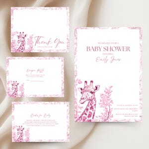 Pink Toile de Jouy Baby Shower Invitation Bundle Safari Animal Giraffe, Jungle Theme Invite, Coquette Chinoiserie, Baby Girl Template BS16