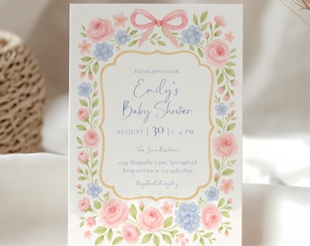 Bloemen babyshower uitnodiging sjabloon - roze strik bewerkbare uitnodiging - lente babyshower uitnodiging - pastel afdrukbare uitnodiging babymeisje BS170