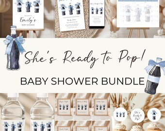 Zestaw na baby shower „She’s Ready to Pop” – motyw butelki po napoju gazowanym – niebieska kokarda – neutralny, edytowalny szablon na letnie baby shower dla chłopca BS153