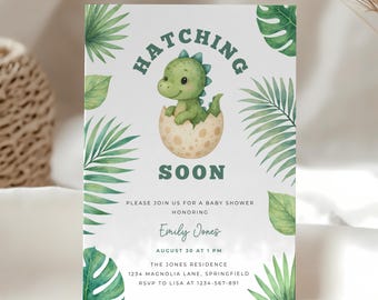 May include: A baby shower invitation card featuring a watercolour illustration of a green dinosaur hatching from a spotted egg. The text reads HATCHING SOON, PLEASE JOIN US FOR A BABY SHOWER HONOURING Emily Jones, AUGUST 30 AT 1 PM, THE JONES RESIDENCE.