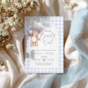 Blue Teddy Bear Baby Shower Invitation - Editable We Can Bearly Wait Baby Shower Invite Boy - Blue Gingham Invite Template Digital Evite - Teddy Bear Balloons Boho BS295