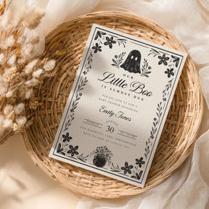 A Little Boo is Almost Due Halloween Baby Shower Invitation - Spooky Gender Reveal Black Floral Gothic Invite - Cute Spooky Baby Shower Invitation - A Little Boo Baby Shower Invite BS219