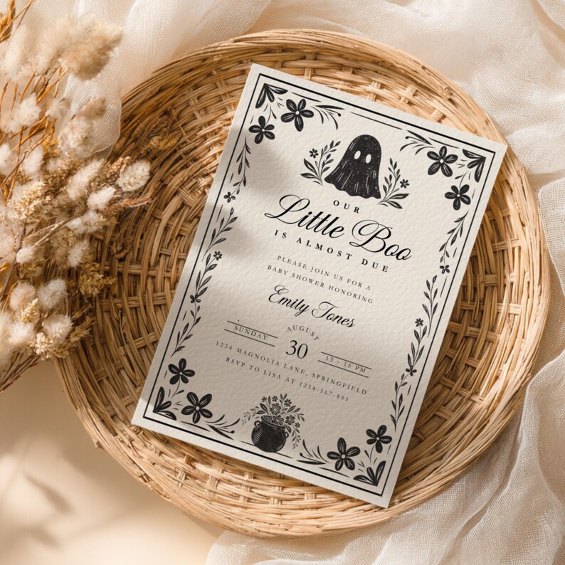 A Little Boo is Almost Due Halloween Baby Shower Invitation - Spooky Gender Reveal Black Floral Gothic Invite - Cute Spooky Baby Shower Invitation - A Little Boo Baby Shower Invite BS219