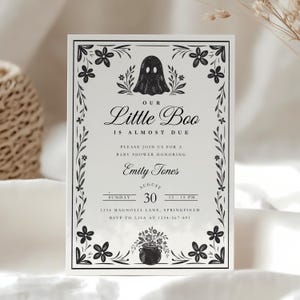 A Little Boo is Almost Due Halloween Baby Shower Invitation - Spooky Gender Reveal Black Floral Gothic Invite - Cute Spooky Baby Shower Invitation - A Little Boo Baby Shower Invite BS219
