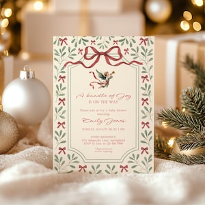 Vintage Floral Christmas Baby Shower Invitation - Red Bow Baby Shower Invite - Editable Winter Wonderland Merry Little Baby Shower BS232