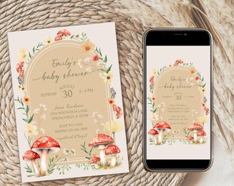 Mushroom Baby Shower Invitation Bundle – Woodland Wildflower Theme (Editable Template)