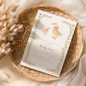 Silly Goose Baby Shower Invitation - Mother Goose and Gosling Baby Shower Invite -Editable Girl Baby Shower Template Pink Gingham Bow BS205