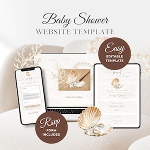 May include: A baby shower website template with a seashell and pearl theme. The design includes a smartphone, laptop, and tablet displaying the website. Text includes "Baby Shower WEBSITE TEMPLATE", "RSVP FORM INCLUDED", and "Easy EDITABLE TEMPLATE".