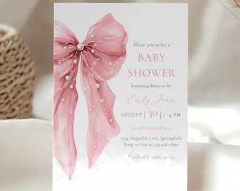 Pink Bow Baby Shower Invitation - Bows and Pearls Baby Shower Invite - Coquette Bow Girl Baby Shower - Elegant Editable Template BS164