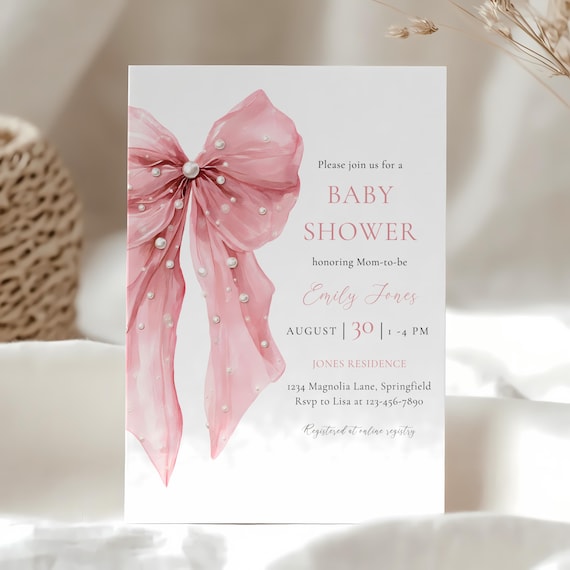 Pink Bow Baby Shower Invitation - Bows and Pearls Baby Shower Invite - Coquette Bow Girl Baby Shower - Elegant Editable Template BS164