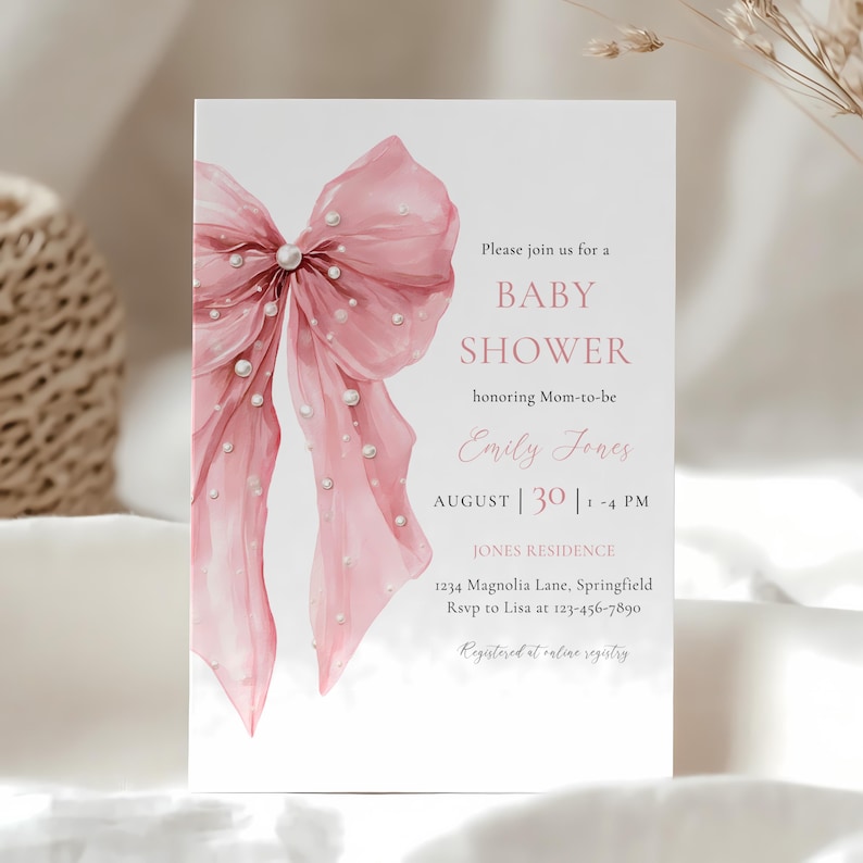 Pink Bow Baby Shower Invitation - Bows and Pearls Baby Shower Invitation- Coquette Bow Baby Shower Invitation - Girl Baby Shower - Pink Bow Baby Shower Invite- Elegant Vintage Baby Shower - Big Bow Baby Shower Theme -Sweet Little Baby Girl Shower BS164