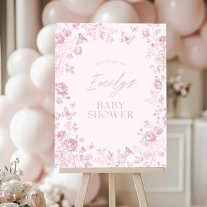 Roze toile de jouy-welkomstbord babyshower - elegante vintage bloemen babyshower decor - blush roze chinoiserie Victoriaanse Franse toile BS187