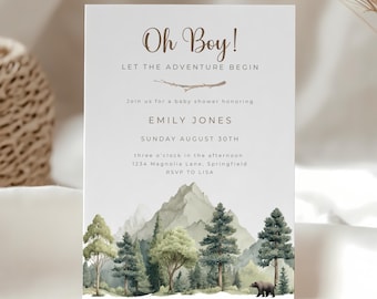 May include: A baby shower invitation with the text "Oh Boy! Let the Adventure Begin." The design features a watercolor illustration of a mountain landscape with trees and a bear. The invitation includes the name Emily Jones and event details.