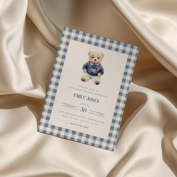 Plantilla de invitación para baby shower de oso polo - Invitación clásica a cuadros - Diseño ecuestre de tartán para baby shower de niño adinerado vintage BS220