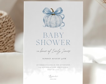 Blue Pumpkin Baby Shower Invitation - Fall Toile de Jouy Baby Shower Invite - Little Pumpkin Baby Shower Boy -  Falling in Love Bow BS189