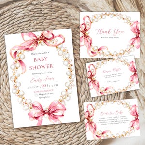 Editable Pink Bow Baby Shower Invitation Bundle - Coquette Bows and Pearls Baby Shower Invite - Elegant Vintage Luxury Girl Shower BS162