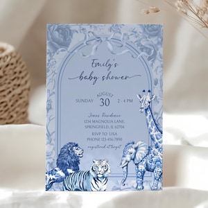 Blue Toile Safari Baby Shower Invitation, Safari Animal Baby Boy Shower Invite Toile de Jouy Chinoiserie Elegant All Blue Jungle Safari BS85