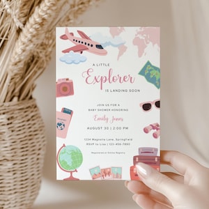 Little Explorer Baby Shower Invitation - Pink Travel Adventure Awaits Baby Shower Invite -  Pink Airplane Landing Soon Girl Shower BS210