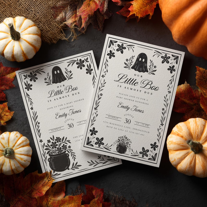 A Little Boo is Almost Due Halloween Baby Shower Invitation - Spooky Gender Reveal Black Floral Gothic Invite - Cute Spooky Baby Shower Invitation - A Little Boo Baby Shower Invite BS219