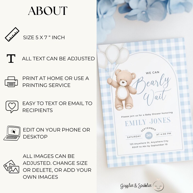 Blue Teddy Bear Baby Shower Invitation - Editable We Can Bearly Wait Baby Shower Invite Boy - Blue Gingham Invite Template Digital Evite - Teddy Bear Balloons Boho BS295