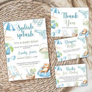 Splish Splash Baby Shower Invitation Bundle, Pool Baby Shower Invite, Splish Splash Baby Bash, Editable Blue Beach Summer Boy Shower BS142