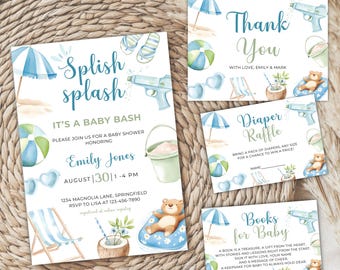 Splish Splash Baby Shower Invitation Bundle, Pool Baby Shower Invite, Splish Splash Baby Bash, Editable Blue Beach Summer Boy Shower BS142