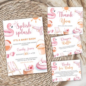 Splish Splash Baby Bash Baby Shower Invitation Bundle, Girl Summer Baby Shower Invite, Editable Pink Beach Baby Shower Pool Party BS141