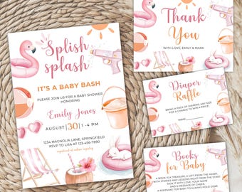 Splish Splash Baby Bash Baby Shower Invitation Bundle, Girl Summer Baby Shower Invite, Editable Pink Beach Baby Shower Pool Party BS141