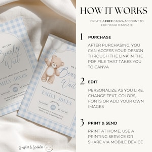 Blue Teddy Bear Baby Shower Invitation - Editable We Can Bearly Wait Baby Shower Invite Boy - Blue Gingham Invite Template Digital Evite - Teddy Bear Balloons Boho BS295