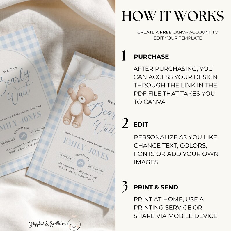 Blue Teddy Bear Baby Shower Invitation - Editable We Can Bearly Wait Baby Shower Invite Boy - Blue Gingham Invite Template Digital Evite - Teddy Bear Balloons Boho BS295