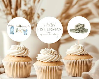 Fishing Baby Shower Cupcake Toppers - A Little Fisherman Is On The Way Baby Shower Decor - Editable Outdoors Reel Hunting  BS160