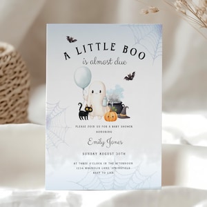 A Little Boo Baby Shower Invitation - Blue Halloween Baby Shower Invite - Cute Ghost Halloween Boy Baby Shower Invite - October Fall BS190