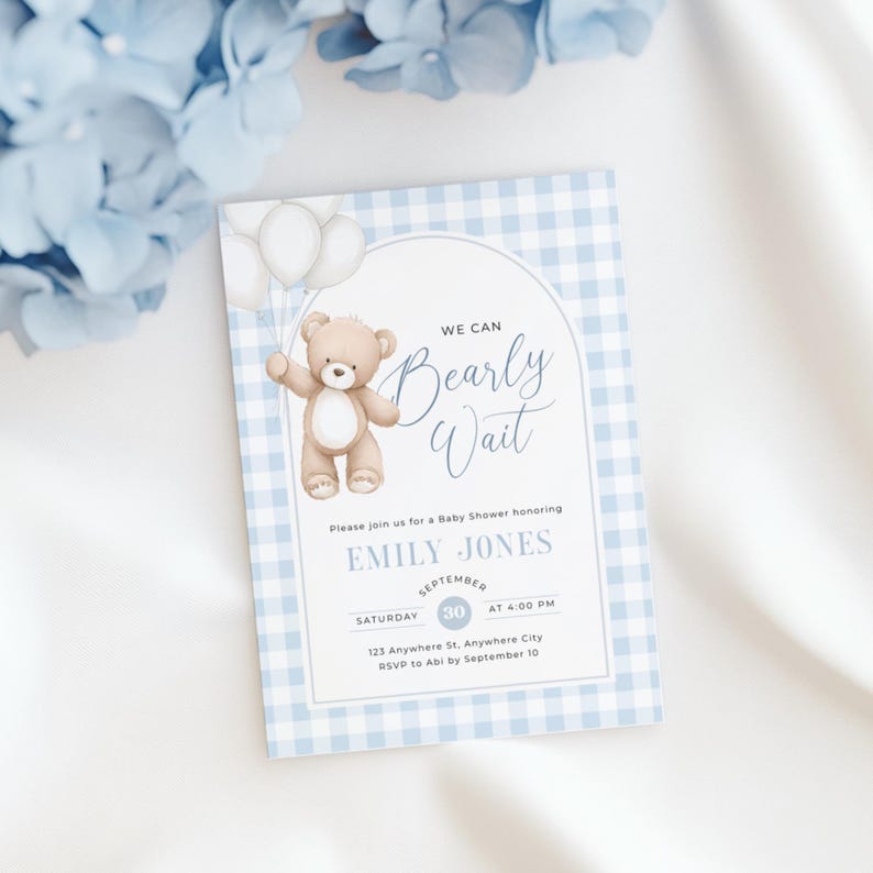 Blue Teddy Bear Baby Shower Invitation - Editable We Can Bearly Wait Baby Shower Invite Boy - Blue Gingham Invite Template Digital Evite - Teddy Bear Balloons Boho BS295