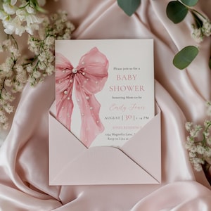 Pink Bow Baby Shower Invitation - Bows and Pearls Baby Shower Invitation- Coquette Bow Baby Shower Invitation - Girl Baby Shower - Pink Bow Baby Shower Invite- Elegant Vintage Baby Shower - Big Bow Baby Shower Theme -Sweet Little Baby Girl Shower BS164