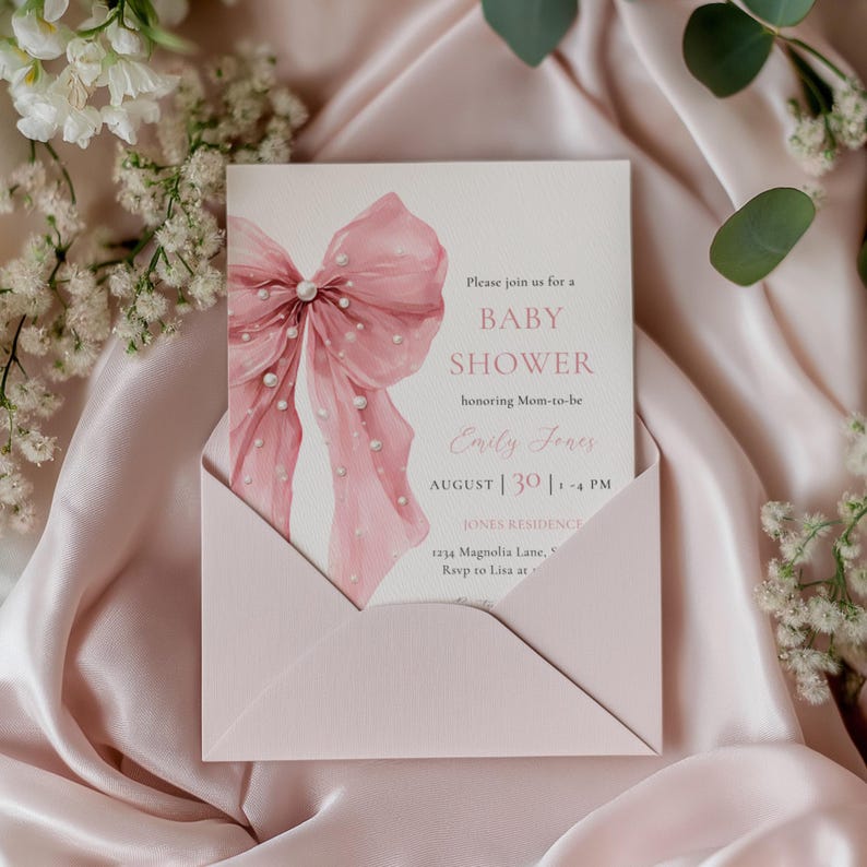 Pink Bow Baby Shower Invitation - Bows and Pearls Baby Shower Invitation- Coquette Bow Baby Shower Invitation - Girl Baby Shower - Pink Bow Baby Shower Invite- Elegant Vintage Baby Shower - Big Bow Baby Shower Theme -Sweet Little Baby Girl Shower BS164