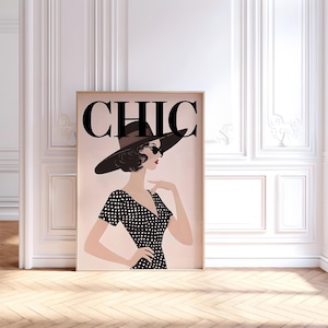 Vintage Fashion Illustration Wall Art Chic Woman in Polka Dot Dress Black Hat Glam Retro Poster Minimalist Fashion Decor Digital Print