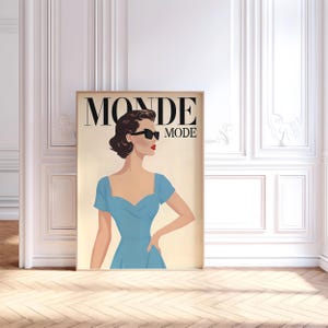 Retro Fashion Wall Art Vintage Woman In Blue Dress Digital Print Mid Century Style Illustration Minimalist Portrait Home Decor Download