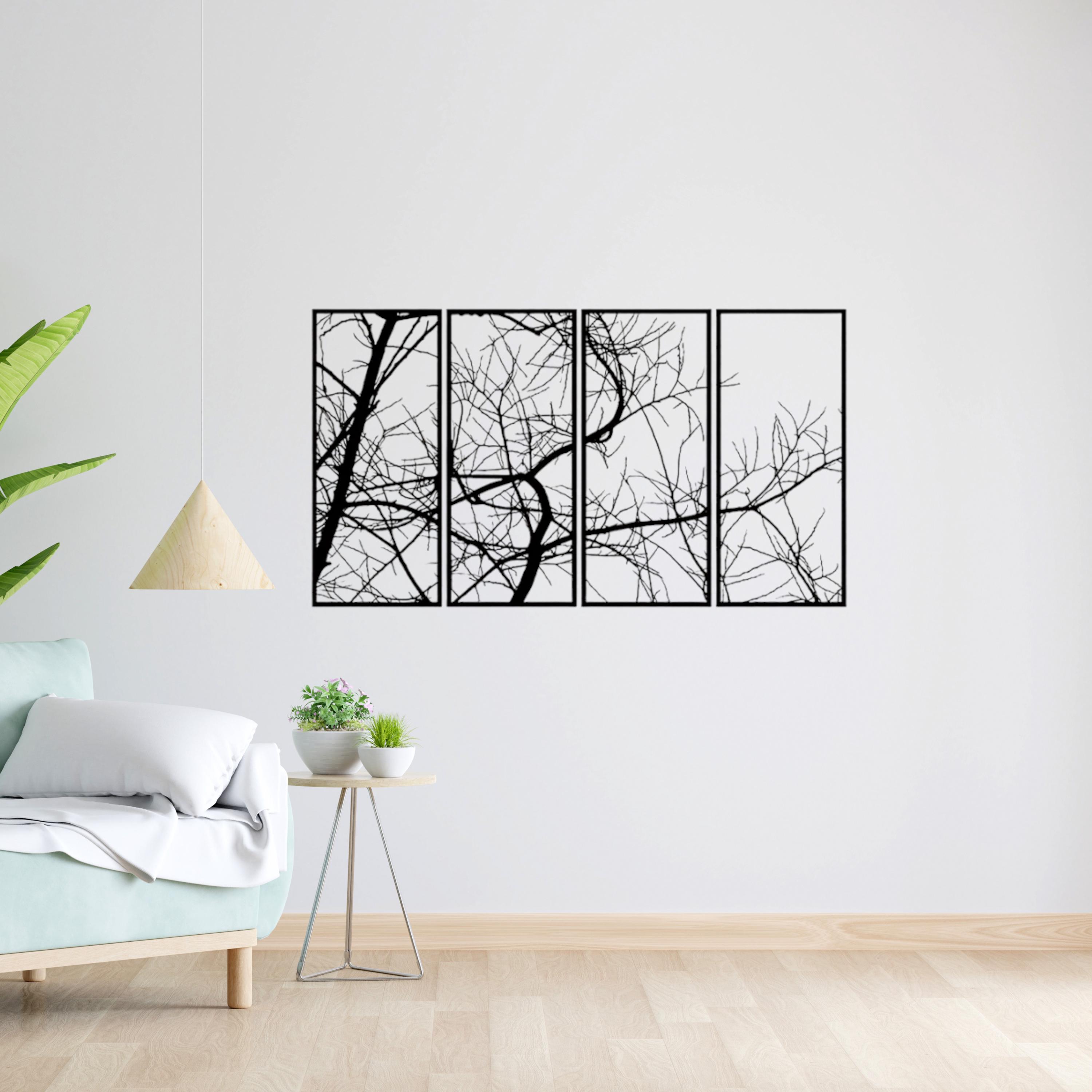 4 Panel Tree Branches Metal Wall Art, Modern Home Decoration for Living ...
