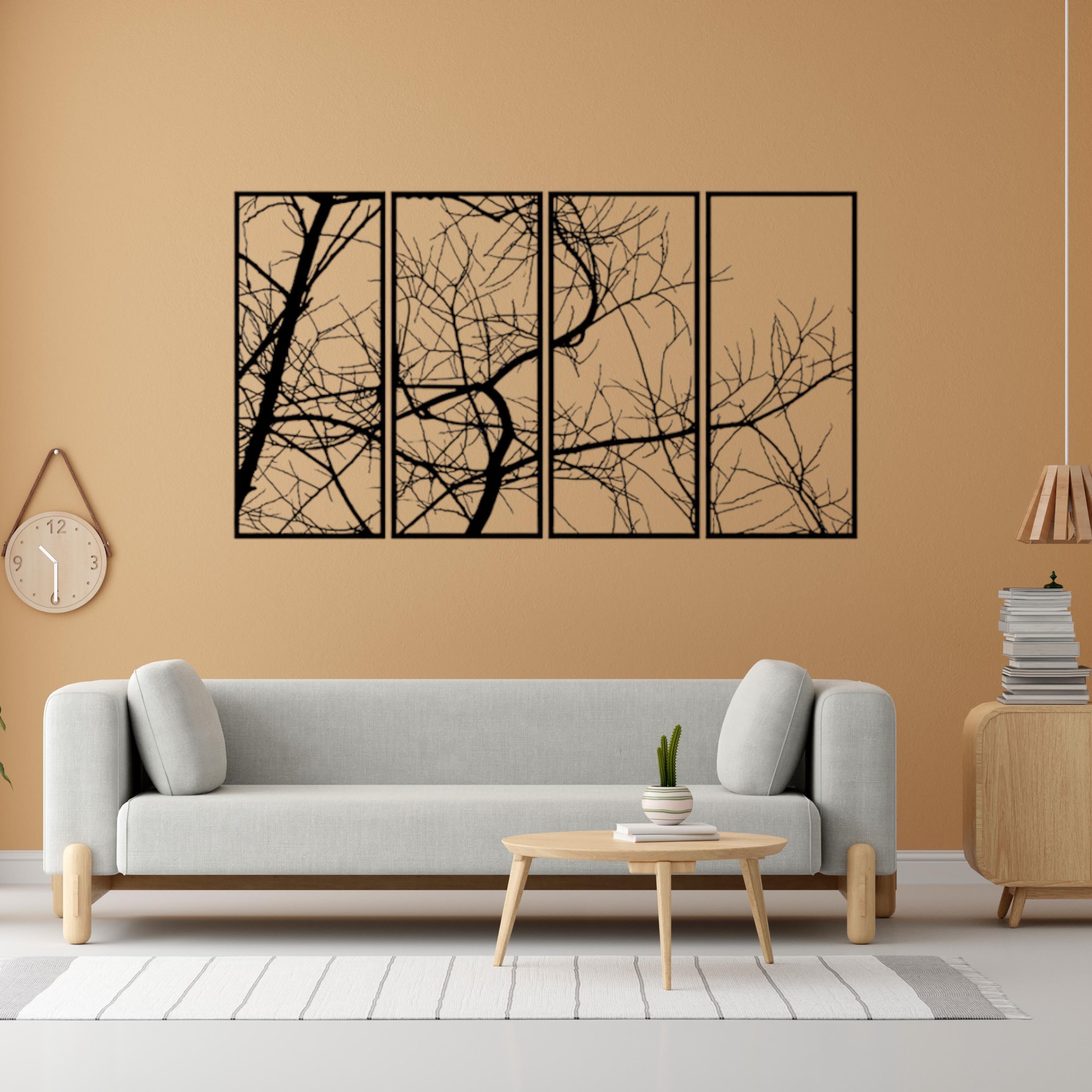 4 Panel Tree Branches Metal Wall Art, Modern Home Decoration for Living ...