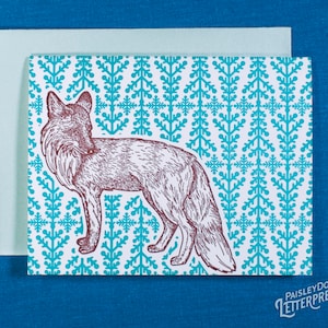 Letterpress Greeting Card – Winter Fox / Snowflakes / New Year / Christmas / Holiday / Gift (Single Card)
