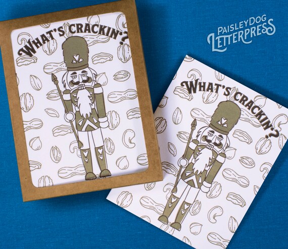Gift New Year Letterpress Greeting Card Nutcracker What's Crackin? Holiday Single Card Christmas