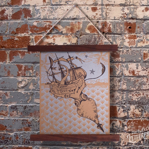Letterpress Poster - Tattoo Inspired Kraken and Pirate Ship - 11" x 14"
